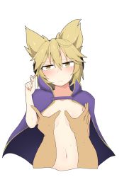 Rule 34 | 1girl, absurdres, agu (antyosan), blonde hair, blush, breasts, cape, closed mouth, earmuffs, frown, hair between eyes, twirling hair, highres, navel, nude, pointy hair, purple cape, short hair, simple background, small breasts, solo focus, sweat, touhou, toyosatomimi no miko, white legwear, yellow eyes