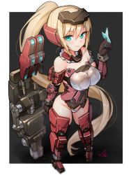 Rule 34 | 1girl, aqua eyes, armor, bare shoulders, black gloves, blonde hair, breasts, doyouwantto, frame arms girl, full body, gloves, holding, holding weapon, jinrai (frame arms girl), long hair, ponytail, smile, solo, very long hair, weapon