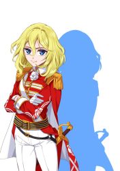 Rule 34 | 10s, 1girl, bad id, bad twitter id, belt, blonde hair, blue eyes, cape, closed mouth, coattails, cosplay, crossed arms, epaulettes, flower, girls und panzer, gloves, jacket, looking at viewer, medium hair, messy hair, oscar francois de jarjayes, oscar francois de jarjayes (cosplay), oshida (girls und panzer), pants, red cape, red jacket, rose, saber (weapon), sash, scabbard, sheath, shutou mq, silhouette, simple background, smile, solo, standing, sword, versailles no bara, weapon, white background, white flower, white gloves, white pants, white rose
