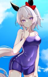 Rule 34 | 1girl, animal ears, blue one-piece swimsuit, bow, breasts, clothing cutout, competition school swimsuit, covered navel, cowboy shot, curren chan (umamusume), ear bow, ear covers, highres, horse ears, horse girl, horse tail, looking at viewer, medium breasts, one-piece swimsuit, purple eyes, school swimsuit, short hair, single vertical stripe, smile, standing, swimsuit, tail, tail through clothes, tofu thunder, tracen swimsuit, umamusume, white hair