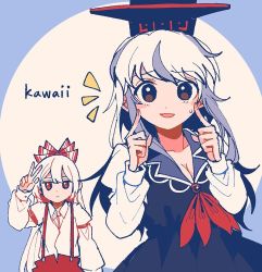 Rule 34 | 2girls, :d, blue dress, blue hair, blue headwear, bow, breasts, brown eyes, cleavage, collared shirt, commentary request, dress, expressionless, fujiwara no mokou, hair bow, hat, itomugi-kun, kamishirasawa keine, long hair, long sleeves, looking at viewer, medium breasts, multiple girls, open mouth, pants, pinafore dress, red bow, red eyes, red pants, shirt, sleeveless dress, smile, suspenders, sweatdrop, tokin hat, touhou, upper body, w, white shirt