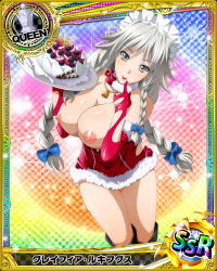 Rule 34 | 10s, 1girl, bare shoulders, braid, breasts, breasts out, card (medium), grayfia lucifuge, grey eyes, high school dxd, highres, large breasts, long hair, looking at viewer, nipples, silver hair, smile, solo, third-party edit, torn clothes