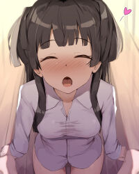 Rule 34 | 1girl, blunt bangs, breasts, closed eyes, commentary request, heart, highres, idolmaster, idolmaster shiny colors, long hair, long sleeves, mayuzumi fuyuko, medium breasts, open mouth, seneto, shirt, sitting, solo, thighs, tongue, waiting for cum, white shirt