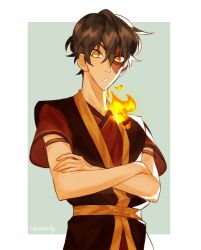Rule 34 | 1boy, :o, armband, artist name, avatar: the last airbender, avatar legends, black hair, breath weapon, breathing fire, burn scar, claireiosity, collarbone, cowboy shot, crossed arms, eyebrows, fingernails, fire, green background, hair between eyes, highres, looking at viewer, male focus, open mouth, orange eyes, pale skin, scar, scar across eye, scar on face, short hair, short sleeves, simple background, solo, solo focus, twitter username, two-tone background, watermark, white background, zuko