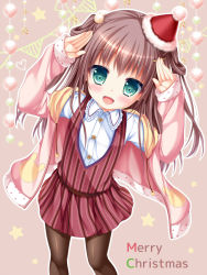 Rule 34 | 1girl, :d, black pantyhose, brown hair, christmas, commentary request, green eyes, hair bobbles, hair ornament, hat, long hair, looking at viewer, merry christmas, open mouth, original, outline, pantyhose, santa hat, shitou, smile, solo, two side up, white outline