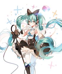 Rule 34 | 1girl, apron, aqua eyes, aqua hair, bare shoulders, boots, bow, breasts, collared shirt, cowboy shot, frills, gloves, hair bow, hatsune miku, headphones, inuinushell, long hair, looking at viewer, magical mirai (vocaloid), magical mirai miku, magical mirai miku (2016), maid apron, medium breasts, microphone, microphone stand, naru (ul), pantyhose, shirt, sleeveless, smile, solo, sparkle, twintails, vocaloid, white gloves, white pantyhose