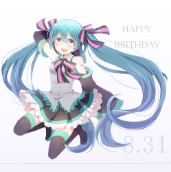 Rule 34 | 1girl, aqua eyes, aqua hair, boots, bow, bowtie, dated, detached sleeves, hair ribbon, happy birthday, harusawa, hatsune miku, headset, long hair, necktie, open mouth, ribbon, skirt, solo, thigh boots, thighhighs, twintails, very long hair, vocaloid