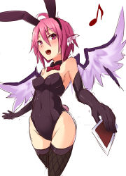 Rule 34 | 1girl, ahoge, alternate costume, animal ears, ayagi daifuku, black gloves, black thighhighs, blush, bow, breasts, card, detached collar, elbow gloves, fake animal ears, fang, gloves, leotard, musical note, mystia lorelei, open mouth, pink hair, playboy bunny, purple eyes, rabbit ears, short hair, sketch, small breasts, solo, thighhighs, touhou, white background, wings