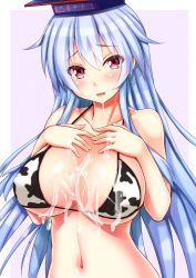 Rule 34 | 1girl, alternate costume, animal print, bare shoulders, bikini, blue hair, blush, breasts, cleavage, cow print, ebi 193, hat, kamishirasawa keine, large breasts, long hair, looking at viewer, navel, open mouth, red eyes, saliva, simple background, solo, suggestive fluid, swimsuit, touhou, very long hair