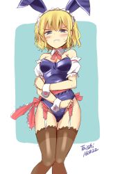 Rule 34 | 1girl, alice margatroid, alternate costume, animal ears, artist name, bare shoulders, black thighhighs, blonde hair, blue eyes, blue leotard, blush, breasts, clenched teeth, dated, detached collar, detached sleeves, disdain, embarrassed, fake animal ears, garter straps, leotard, looking at viewer, medium breasts, playboy bunny, rabbit ears, red ribbon, ribbon, shimouki izui, shiny clothes, short hair, short sleeves, shy, sketch, solo, sweatdrop, teeth, thighhighs, touhou, wrist cuffs