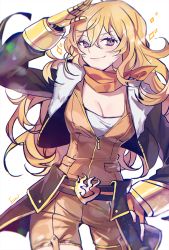 Rule 34 | 1girl, black jacket, blonde hair, breasts, cleavage, closed mouth, cowboy shot, ecru, fingerless gloves, floating hair, gloves, hair between eyes, hand on own hip, jacket, long hair, looking at viewer, medium breasts, open clothes, open jacket, orange gloves, overalls, purple eyes, rwby, simple background, smile, solo, standing, very long hair, white background, yang xiao long