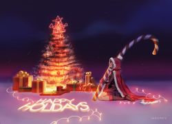 Rule 34 | 1girl, absurdres, candy, candy cane, christmas, christmas lights, christmas ornaments, christmas tree, cloak, cloud, food, gift, happy holidays, highres, horizon, night, night sky, red cloak, ruby rose, rwby, seiza, sitting, sky, snow, winter, yangpiev