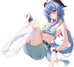 Rule 34 | 1girl, absurdres, ahoge, alternate costume, ass, bangle, bare arms, bare shoulders, belt, bikini, bikini top only, blue hair, bracelet, breasts, brown belt, clothes pull, collarbone, commentary, feet up, ganyu (genshin impact), genshin impact, goat horns, gradient eyes, green bikini, green skirt, highres, holding, horns, jewelry, knees up, leaning back, legs, linea alba, long hair, looking at viewer, medium breasts, midriff, multicolored eyes, no shoes, okey, pantyhose, pantyhose pull, parted lips, pencil skirt, ponytail, purple eyes, sidelocks, simple background, sitting, skirt, solo, sunglasses, swimsuit, thighs, tinted eyewear, very long hair, watch, white background, white pantyhose, wristwatch