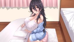 Rule 34 | 1girl, :o, barefoot, bed, bedroom, black hair, blue pajamas, blush, breast rest, breasts, brown eyes, cleavage, collarbone, eraser, feet, from side, hair between eyes, highres, holding, holding pencil, huge breasts, indoors, long hair, long sleeves, looking at viewer, looking to the side, mechanical pencil, messy hair, natsuishi nana, notebook, off shoulder, original, pajamas, pencil, shirt, sidelocks, sitting, sleeveless, solo, spaghetti strap, table, tank top, wariza, white shirt, wooden floor, writing