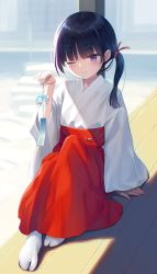 Rule 34 | 1girl, architecture, arm support, black hair, blush, closed mouth, commentary request, east asian architecture, full body, hair ribbon, hakama, hakama skirt, hand up, highres, holding wind chime, japanese clothes, kimono, long hair, long sleeves, miko, na-ga, one eye closed, original, purple eyes, red hakama, red ribbon, ribbon, side ponytail, sidelocks, sitting, skirt, smile, socks, solo, sunlight, white kimono, white socks, wide sleeves, wind chime