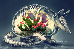 Rule 34 | animal, armadillo, cactus, commentary, english commentary, flower, full body, highres, no humans, original, red flower, surreal, terrarium, transparent, watermark, web address, yellow flower, yuumei