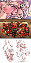 Rule 34 | 3girls, animal ears, backpack, bag, blush, borderlands (series), bowl, breasts, bug, claptrap, cosplay, covering privates, covering breasts, crossed legs, from above, hair bobbles, hair ornament, hat, highres, huge breasts, insect, kawashiro nitori, kiyama satoshi, ladybug, long hair, melona (queen&#039;s blade), melona (queen&#039;s blade) (cosplay), melona (queen's blade), mini person, minigirl, monochrome, multiple girls, pink hair, pocket, protean assassin melona, purple hair, queen&#039;s blade, rabbit ears, reisen udongein inaba, short twintails, squatting, sukuna shinmyoumaru, tears, touhou, twintails, two side up, wheel