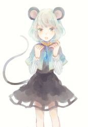 Rule 34 | 1girl, :o, animal ears, capelet, grey hair, jewelry, long sleeves, mouse (animal), mouse ears, mouse tail, mozukuzu (manukedori), nazrin, open mouth, pendant, short hair, simple background, skirt, solo, tail, touhou, white background, yellow eyes