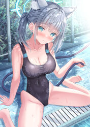 Rule 34 | 1girl, animal ear fluff, animal ears, bare arms, bare legs, bare shoulders, barefoot, black one-piece swimsuit, blue archive, blue eyes, blue halo, blush, breasts, cleavage, competition swimsuit, cross hair ornament, extra ears, grey hair, hair ornament, halo, highres, hose, looking at viewer, medium breasts, medium hair, mismatched pupils, official alternate costume, one-piece swimsuit, open mouth, shirakawako, shiroko (blue archive), shiroko (swimsuit) (blue archive), solo, swimsuit, wet, wolf ears