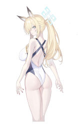 Rule 34 | 1girl, absurdres, animal ear fluff, animal ears, ass, bare arms, bare legs, bare shoulders, blonde hair, blue archive, blue eyes, blue halo, blush, breasts, competition swimsuit, cropped legs, dog ears, echj, extra ears, feet out of frame, from behind, hair over one eye, halo, highres, kanna (blue archive), kanna (swimsuit) (blue archive), large breasts, long hair, looking at viewer, looking back, official alternate costume, one-piece swimsuit, open mouth, ponytail, simple background, solo, swimsuit, white background, white one-piece swimsuit