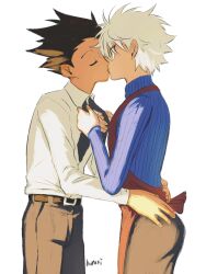 Rule 34 | 2boys, absurdres, apron, blue shirt, brown apron, closed eyes, couple, face-to-face, gon freecss, green hair, highres, husband and husband, iwakki, killua zoldyck, kiss, male focus, malewife, multiple boys, necktie, shirt, short hair, simple background, spiked hair, striped clothes, striped shirt, surprise kiss, surprised, white hair, white shirt, yaoi