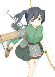 Rule 34 | 10s, 1girl, archery, arka, arrow (projectile), bad id, bad pixiv id, black hair, blue eyes, blush, bow (weapon), breasts, flight deck, gloves, japanese clothes, kantai collection, kyuudou, medium breasts, partially fingerless gloves, partly fingerless gloves, personification, quiver, ribbon, short hair, single glove, skirt, smile, solo, souryuu (kancolle), twintails, weapon, yugake