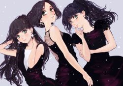 Rule 34 | 3girls, a~chan, bad id, bad pixiv id, black hair, blunt bangs, dress, dutch angle, earrings, finger to mouth, fishnets, girl sandwich, green eyes, grey background, half updo, hand on neck, hands in hair, highres, hoop earrings, jewelry, kashiyuka, long hair, looking at viewer, multiple girls, nocchi (perfume), nou (brain-m), parted bangs, parted lips, perfume (band), ponytail, sandwiched, short hair, short sleeves, sleeveless, sleeveless dress, snowing, triangle