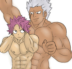Rule 34 | 2boys, abs, elfman strauss, fairy tail, male focus, multiple boys, muscular, natsu dragneel, neon (artist), pectorals, pink hair, topless male, silver hair, size difference, smile, tagme, yaoi