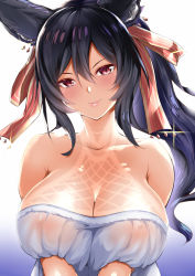 Rule 34 | 1girl, amasora taichi, animal ears, bikini tan, black hair, blush, breast press, breasts, closed mouth, collarbone, covered erect nipples, dress, erune, gradient background, granblue fantasy, hair between eyes, hair ornament, highres, ilsa (granblue fantasy), large breasts, lips, long hair, looking at viewer, off-shoulder dress, off shoulder, pink lips, ponytail, red eyes, see-through, simple background, solo, swimsuit, tan, tanline, upper body, white background, white dress