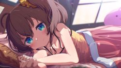 Rule 34 | 1girl, absurdres, ahoge, bare arms, bare shoulders, blue eyes, blurry, blurry background, blurry foreground, blush, brown hair, camisole, closed mouth, commentary request, depth of field, hair ornament, hair scrunchie, highres, hololive, long hair, looking at viewer, natsuiro matsuri, okota mikan, scrunchie, side ponytail, sketch, solo, under covers, virtual youtuber, yellow camisole, yellow scrunchie