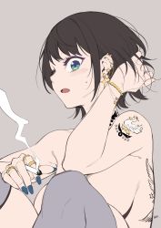 Rule 34 | 1girl, absurdres, arm tattoo, back tattoo, black hair, blue eyes, blue nails, blush, bracelet, breasts, cigarette, ear piercing, earrings, f.w.zholic, grey background, grey thighhighs, highres, holding, holding cigarette, hololive, jewelry, large breasts, looking at viewer, nail polish, neck tattoo, oozora subaru, open mouth, piercing, ring, short hair, shoulder tattoo, simple background, sitting, smoke, solo, sweatdrop, tattoo, thighhighs, topless, upper body, virtual youtuber