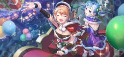 Rule 34 | 2girls, :d, absurdres, arm up, atelier (series), atelier resleriana, atelier ryza, atelier ryza 2, balloon, blue eyes, blue hair, blurry, bokeh, box, braid, breasts, capelet, christmas, cleavage, closed eyes, depth of field, dress, fur-trimmed capelet, fur-trimmed dress, fur-trimmed headwear, fur trim, gift, gift box, green ribbon, hair ribbon, hat, highres, long hair, looking back, medium breasts, multicolored hair, multiple girls, navel, night, non-web source, official alternate costume, official art, open mouth, outdoors, outstretched arm, patricia abelheim, patricia abelheim (delivery holy night), pom pom (clothes), purple dress, red capelet, red hat, resna sternenlicht, resna sternenlicht (starry heavens gift), ribbon, sack, santa costume, sleigh, smile, sparkle, streaked hair, twintails