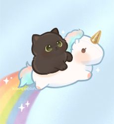 Rule 34 | animal, animal focus, artist name, black cat, blue background, cat, closed mouth, commentary request, green eyes, highres, kapebeansies, kitten, no humans, original, photo-referenced, rainbow, riding, simple background, sparkle, unicorn