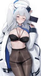 Rule 34 | 1girl, akita hika, arm up, black bra, black panties, black pantyhose, blue archive, blue necktie, blush, bra, breasts, cleavage, closed mouth, collared shirt, commentary request, covered navel, halo, highres, holding, holding pen, jacket, large breasts, long sleeves, looking at viewer, necktie, noa (blue archive), one eye closed, open clothes, open jacket, open shirt, panties, panties under pantyhose, pantyhose, pen, purple eyes, shirt, simple background, smile, thighs, underwear, white background, white hair, white jacket, white shirt