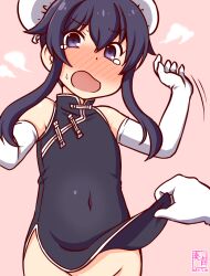 Rule 34 | 1girl, 1other, akatsuki (kancolle), alternate hairstyle, artist logo, black dress, black hair, blush, bottomless, bun cover, china dress, chinese clothes, covered navel, dated, double bun, dress, flat chest, gloves, hair bun, kanon (kurogane knights), kantai collection, long hair, nose blush, one-hour drawing challenge, out-of-frame censoring, pink background, purple eyes, sidelocks, simple background, tears, white gloves