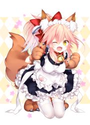 Rule 34 | 1girl, alternate costume, animal ears, animal hands, apron, bell, blush, breasts, chihiro (khorosho), collar, commentary request, enmaided, fate/grand order, fate (series), fox ears, fox tail, hair ribbon, highres, kneeling, long hair, looking at viewer, maid, maid apron, maid headdress, medium breasts, neck bell, one eye closed, open mouth, paw shoes, pink hair, ribbon, smile, solo, tail, tamamo (fate), tamamo cat (fate), tamamo cat (second ascension) (fate), tamamo no mae (fate/extra), thighhighs, waist apron, white thighhighs, yellow eyes