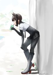 Rule 34 | 1girl, absurdres, black bodysuit, black eyes, black headband, black sailor collar, black skirt, bodysuit, boots, breasts, brown hair, cup, disposable cup, drinking straw, drinking straw in mouth, from side, hachimaki, hand on own knee, hatsuzuki (kancolle), headband, highres, holding, holding cup, kantai collection, knee boots, leaning forward, medium breasts, miniskirt, pleated skirt, profile, rudder footwear, sailor collar, short sleeves, skirt, solo, umibudou