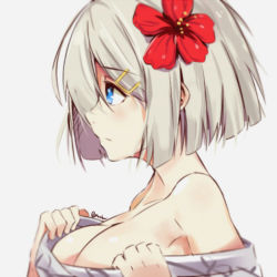 Rule 34 | 10s, 1girl, bare shoulders, blue eyes, breasts, collarbone, female focus, flower, grey background, hair flower, hair ornament, hair over one eye, hamakaze (kancolle), hibiscus, japanese clothes, kantai collection, kimono, kimono pull, large breasts, moonlaw, portrait, profile, short hair, silver hair, simple background, solo, twitter username, undressing