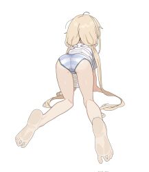 1girl ahoge ass barefoot blonde_hair blue_panties crawling from_behind futaba_anzu highres idolmaster idolmaster_cinderella_girls kan_ppang long_hair low_twintails messy_hair panties shirt simple_background solo striped_clothes striped_panties twintails underwear white_background white_shirt