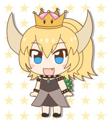 Rule 34 | 10s, 1girl, :d, armlet, arms at sides, black dress, blonde hair, blue eyes, blush stickers, bowsette, bracelet, chibi, collar, commentary request, crown, dress, fang, full body, highres, horns, jewelry, kemono friends, kemono friends pavilion, long hair, looking at viewer, mario (series), new super mario bros. u deluxe, nintendo, open mouth, parody, ponytail, smile, solo, spiked armlet, spiked bracelet, spiked collar, spiked shell, spikes, star (symbol), starry background, style parody, super crown, turtle shell