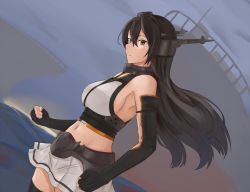 Rule 34 | 10s, 1girl, armpits, bare shoulders, black gloves, black hair, black thighhighs, breasts, brown eyes, cold (hoshinoskull), cowboy shot, dutch angle, elbow gloves, fingerless gloves, from side, gloves, headgear, highres, kantai collection, large breasts, long hair, looking at viewer, looking to the side, miniskirt, nagato (kancolle), pleated skirt, sideboob, skirt, solo, thighhighs