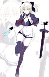 Rule 34 | 1girl, absurdres, artoria pendragon (all), artoria pendragon (alter swimsuit rider) (fate), artoria pendragon (fate), bikini, bikini under clothes, blonde hair, breasts, choker, collarbone, fate/grand order, fate (series), fingerless gloves, food, gloves, groin, hair ribbon, halcon, highres, jacket, navel, ponytail, popsicle, ribbon, saber (fate), saber (type-moon racing) (fate), short hair, sideboob, smile, solo, swimsuit, sword, thighhighs, weapon, yellow eyes, zoom layer