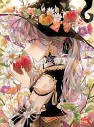 Rule 34 | 1girl, apple, black hat, blue eyes, earrings, english text, flower, food, fruit, hat, highres, holding, holding food, holding fruit, jewelry, long hair, open mouth, original, painting (medium), traditional media, twitter username, watercolor (medium), witch, witch hat, yukoring