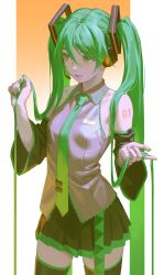 Rule 34 | 1girl, absurdres, arm tattoo, black shirt, black thighhighs, cropped legs, detached sleeves, green eyes, green hair, green necktie, grey shirt, hair ornament, hatsune miku, highres, holding, holding own hair, necktie, pleated skirt, shirt, sidelocks, sketch, skirt, sleeveless, sleeveless shirt, solo, tattoo, thighhighs, tunapon01, twintails, vocaloid, yellow background