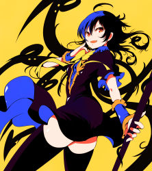 Rule 34 | 1girl, absurdres, ahoge, arm up, arrow (symbol), ass, asymmetrical wings, black dress, black hair, black thighhighs, blue hair, bow, bowtie, commentary request, dress, fang, fingernails, frills, hair between eyes, hands up, highres, houjuu nue, ichizen (o tori), long fingernails, medium hair, multicolored hair, one-hour drawing challenge, open mouth, puffy short sleeves, puffy sleeves, red eyes, short sleeves, simple background, smile, solo, standing, thighhighs, tongue, touhou, two-tone hair, weapon, wings, wrist cuffs, yellow background, yellow bow, yellow bowtie
