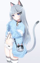 Rule 34 | 1girl, a20 (atsumaru), absurdres, animal ears, bad id, bad twitter id, bag, bell, blue eyes, blue jacket, cat ears, cat girl, cat tail, collar, cowboy shot, crop top, grey background, groin, hair ornament, hairclip, handbag, hands up, highres, jacket, jingle bell, long hair, long sleeves, looking at viewer, micro shorts, midriff, multicolored hair, navel, open clothes, open jacket, original, shirt, shorts, silver hair, sleeves past fingers, sleeves past wrists, solo, standing, stomach, streaked hair, striped clothes, striped thighhighs, tail, tail raised, thighhighs, thighs, white shirt, white shorts