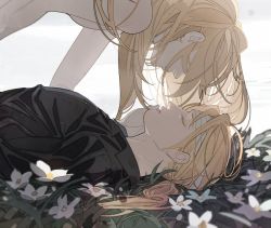 Rule 34 | 2boys, alphonse elric, bandaged head, bandages, black shirt, blonde hair, brothers, collared shirt, covered eyes, edward elric, eyelashes, face-to-face, field, flower, flower field, from side, fullmetal alchemist, hair down, hair over eyes, hand on another&#039;s face, long hair, long sleeves, low ponytail, lying, male focus, multiple boys, nature, on back, on ground, p0ckylo, parted lips, ponytail, shirt, siblings, upper body, white flower
