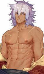 1boy abs character_request copyright_request dark-skinned_male dark_skin grey_hair long_hair male_focus muscular muscular_male navel nipples purple_hair scar solo stomach topless_male white_background zhineart