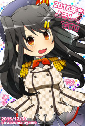 Rule 34 | 1girl, :d, alternate costume, alternate hairstyle, beret, black hair, commentary request, cosplay, hair ornament, hairclip, haruna (kancolle), hat, kantai collection, kashima (kancolle) (cosplay), kashima (kancolle), long hair, looking at viewer, open mouth, orange eyes, pleated skirt, shiraazuma, skirt, smile, solo, translation request, two side up