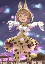 Rule 34 | 10s, :o, animal ears, blonde hair, bow, bowtie, elbow gloves, extra ears, gloves, high-waist skirt, highres, kemono friends, mountain, outstretched arms, print bow, print bowtie, print neckwear, print skirt, print thighhighs, sandstar, sekira ame, serval (kemono friends), serval tail, short hair, skirt, sleeveless, solo, tail, thighhighs, yellow eyes, zettai ryouiki